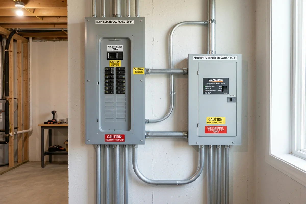 Automatic transfer switch and electrical distribution panel for whole-home backup power