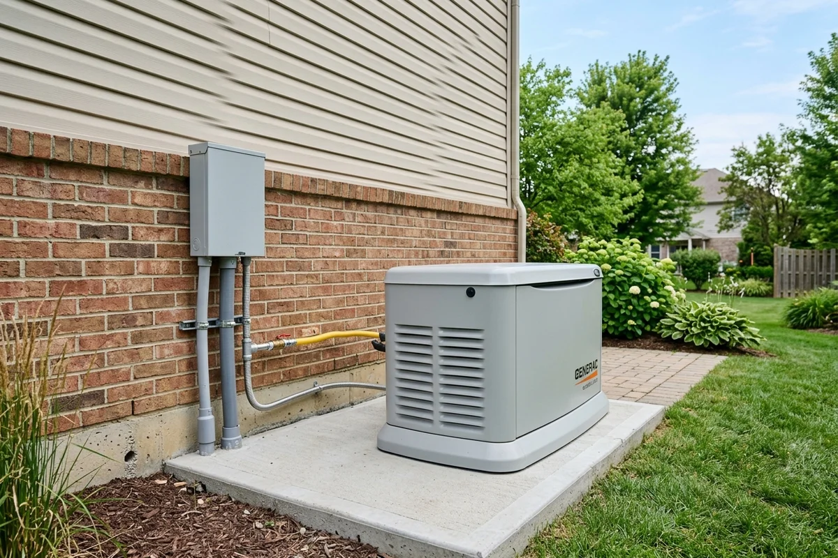 Residential standby generator installed alongside an exterior home foundation with code-compliant fuel and electrical conduits.