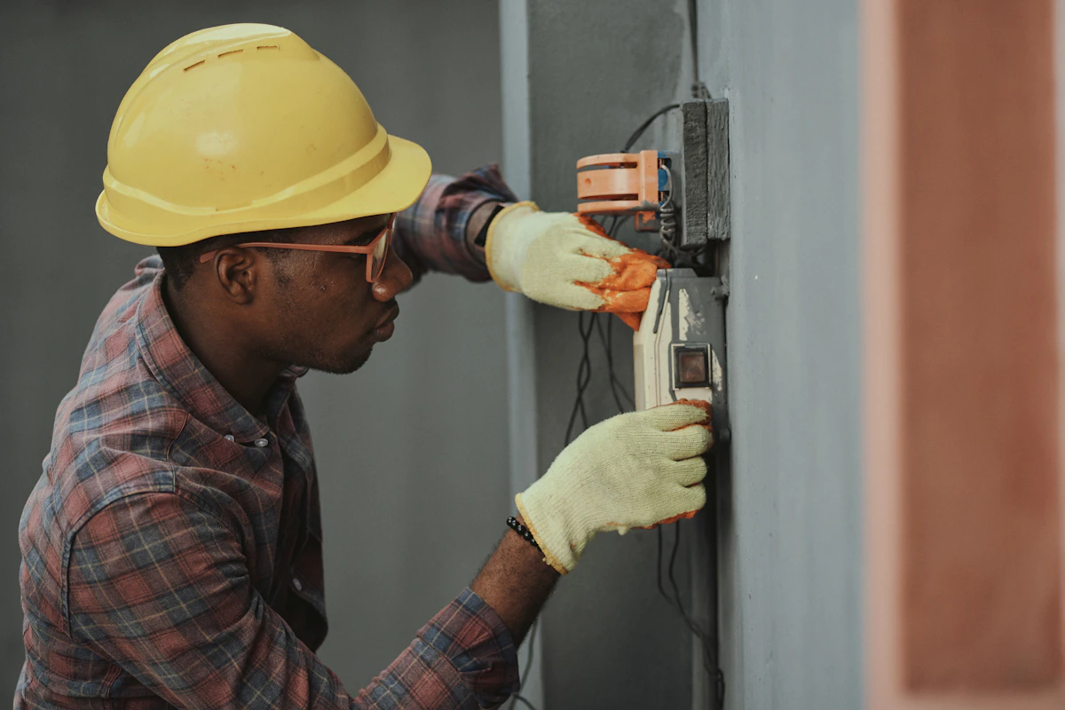 Licensed electrician installing a residential standby generator on a concrete pad in Iowa